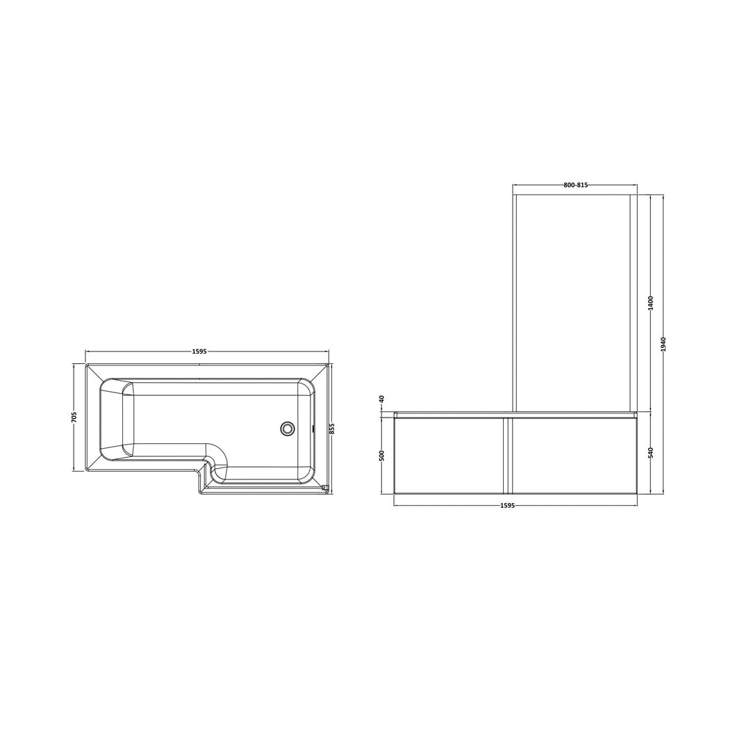 Nuie Shower Baths 1600mm Right Hand Square Shower Bath Set Contemporary White Acrylic - JJ Building Materials