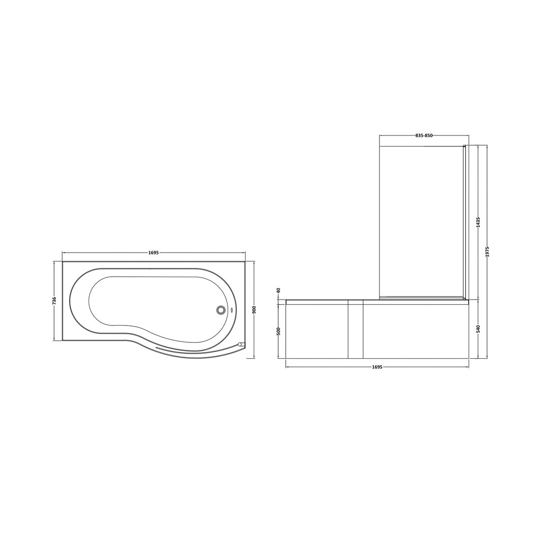 Nuie Shower Baths 1700mm B Shaped Right Hand Bath Set Contemporary White Acrylic,aluminium - JJ Building Materials