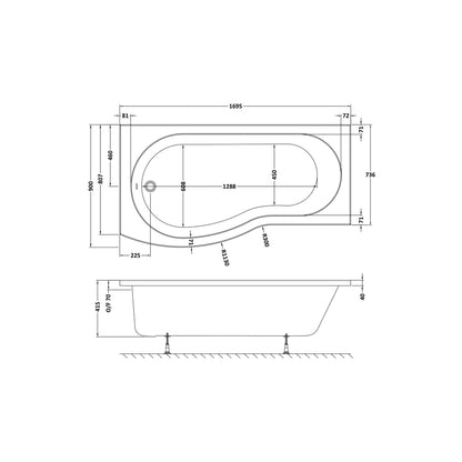Nuie Shower Baths 1700mm Left Hand B-shaped Bath Contemporary White Acrylic 415x900x415mm - JJ Building Materials