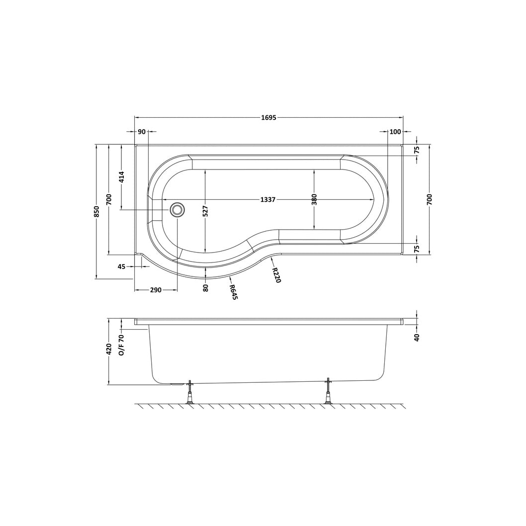 Nuie Shower Baths 1700mm Left Hand P-shaped Bath Contemporary White Acrylic 415x850x415mm - JJ Building Materials