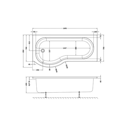 Nuie Shower Baths 1700mm Left Hand P-shaped Bath Contemporary White Acrylic 415x850x415mm - JJ Building Materials