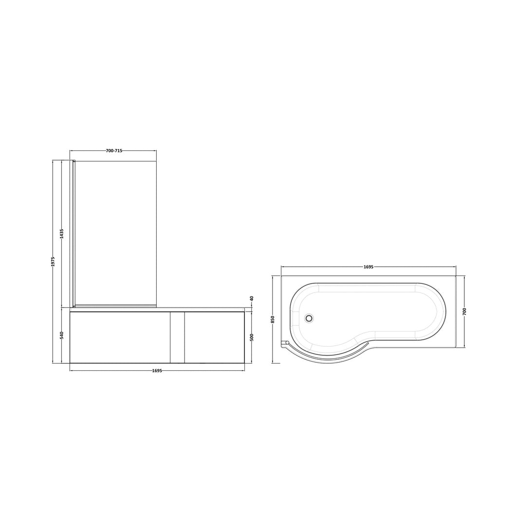 Nuie Shower Baths 1700mm Left Hand P-shaped Bath Set Contemporary White Acrylic,aluminium - JJ Building Materials