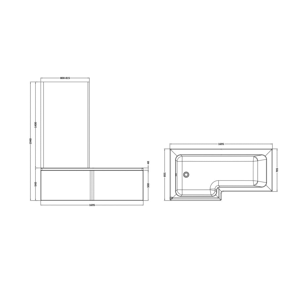 Nuie Shower Baths 1700mm Left Hand Square Shower Bath Set Contemporary White Acrylic,aluminium - JJ Building Materials