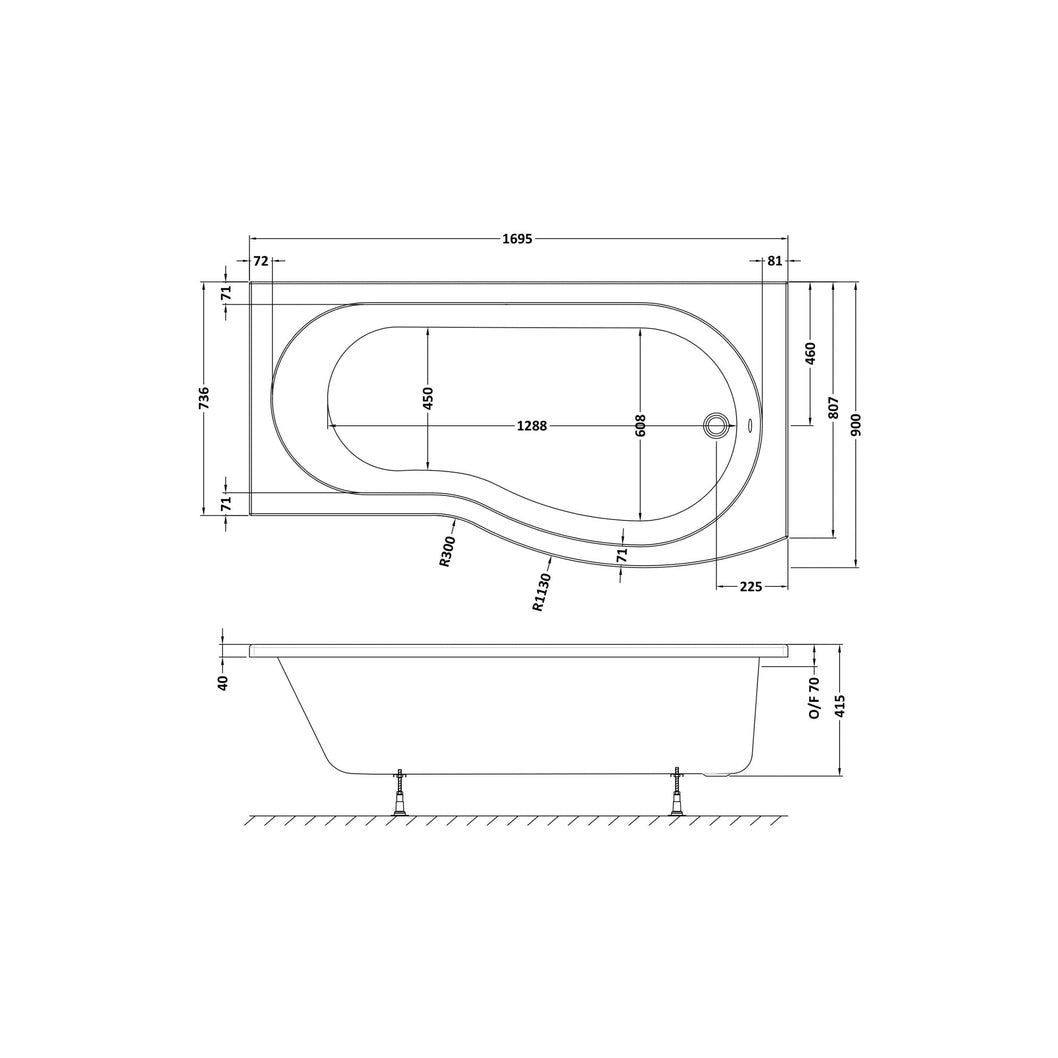 Nuie Shower Baths 1700mm Right Hand B-shaped Bath Contemporary White Acrylic 415x900x415mm - JJ Building Materials