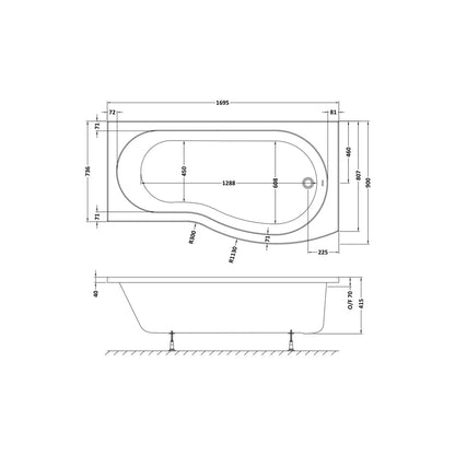 Nuie Shower Baths 1700mm Right Hand B-shaped Bath Contemporary White Acrylic 415x900x415mm - JJ Building Materials