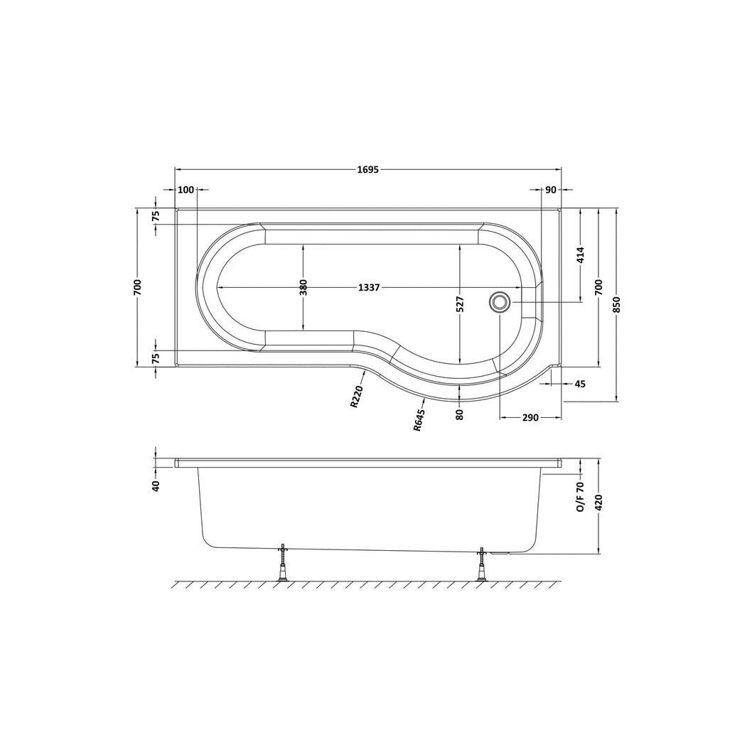 Nuie Shower Baths 1700mm Right Hand P-shaped Bath Contemporary White Acrylic 415x850x415mm - JJ Building Materials