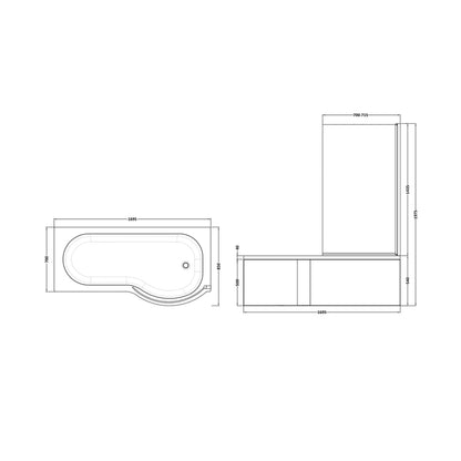 Nuie Shower Baths 1700mm Right Hand P-shaped Bath Set Contemporary White Acrylic - JJ Building Materials