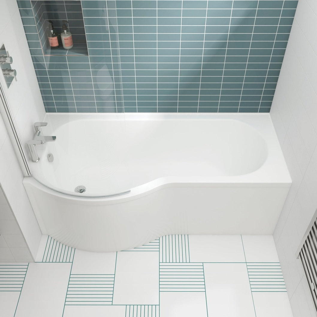 Nuie Shower Baths 1700mm Right Hand P-shaped Bath Set Contemporary White Acrylic - JJ Building Materials