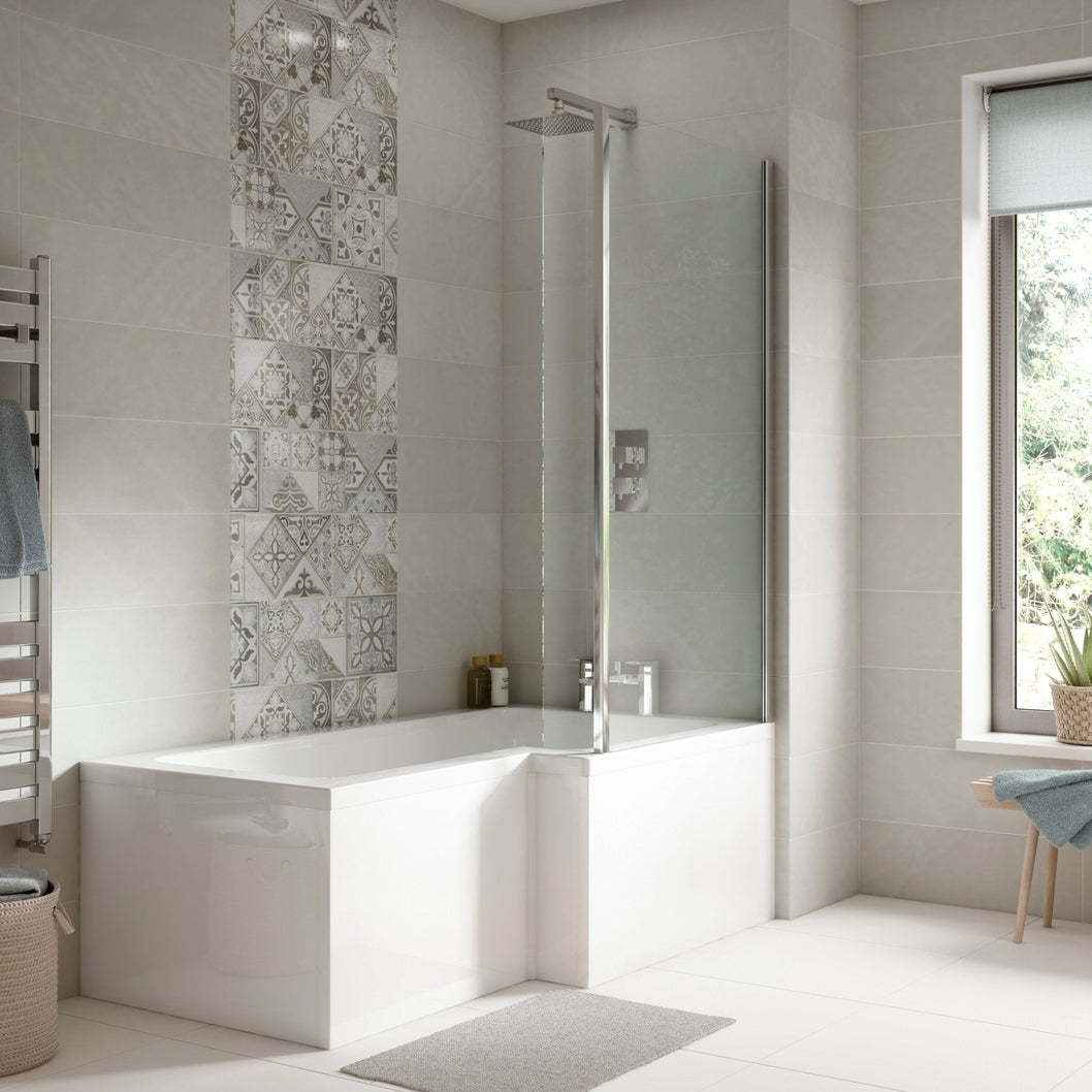 Nuie Shower Baths 1700mm Right Hand Square Shower Bath Set Contemporary White Acrylic,aluminium - JJ Building Materials
