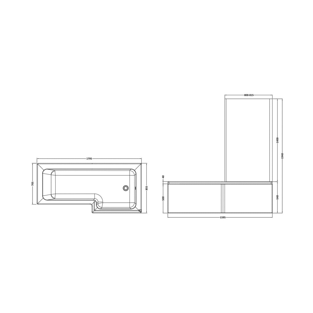 Nuie Shower Baths 1800mm Right Hand Square Shower Bath Set Contemporary White Acrylic - JJ Building Materials
