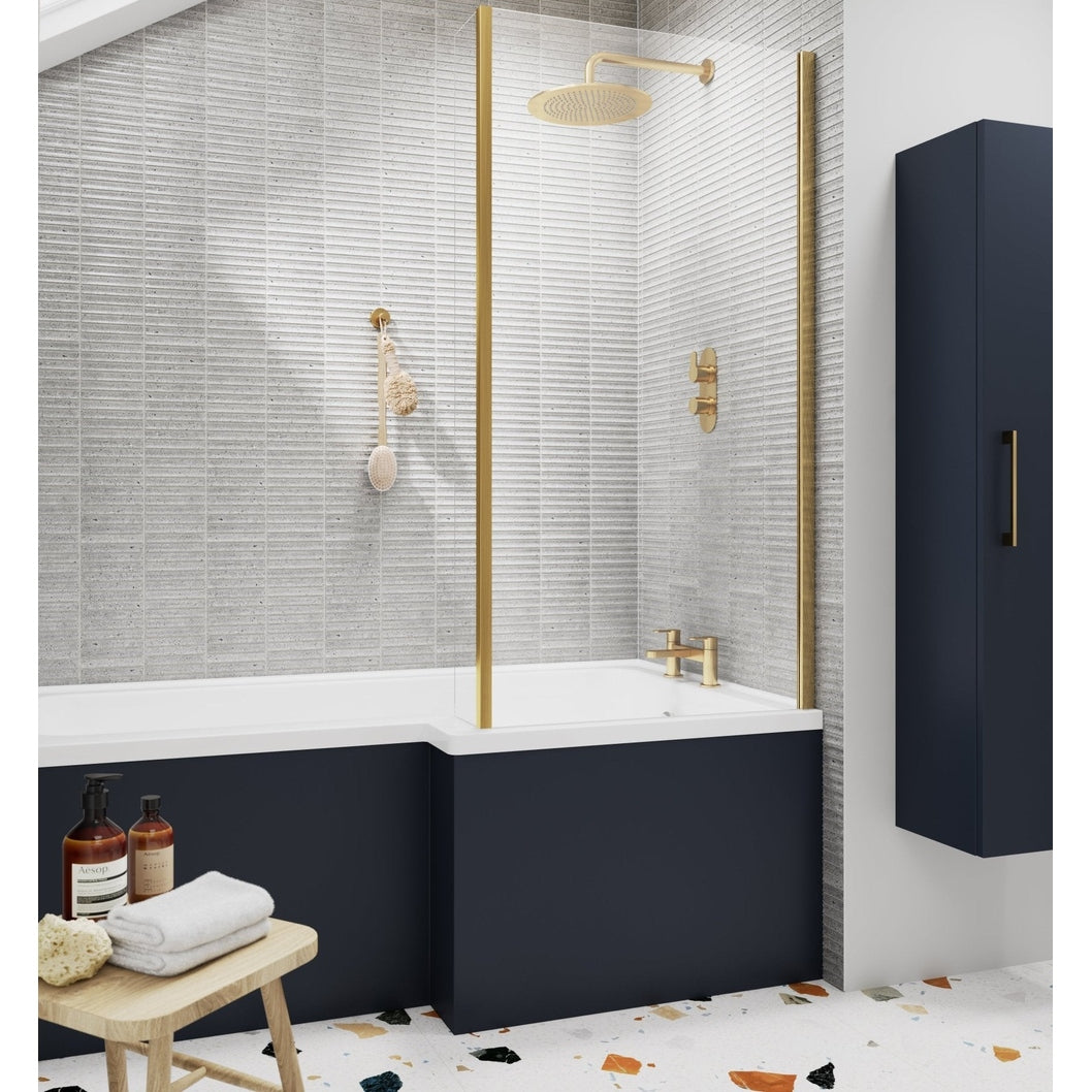 Nuie Square Bath Screen With Fixed Return Contemporary Brushed Brass Aluminium 1400x815x38mm - JJ Building Materials