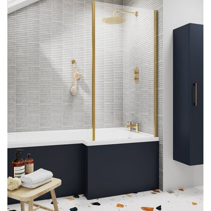 Nuie Square Bath Screen With Fixed Return Contemporary Brushed Brass Aluminium 1400x815x38mm - JJ Building Materials