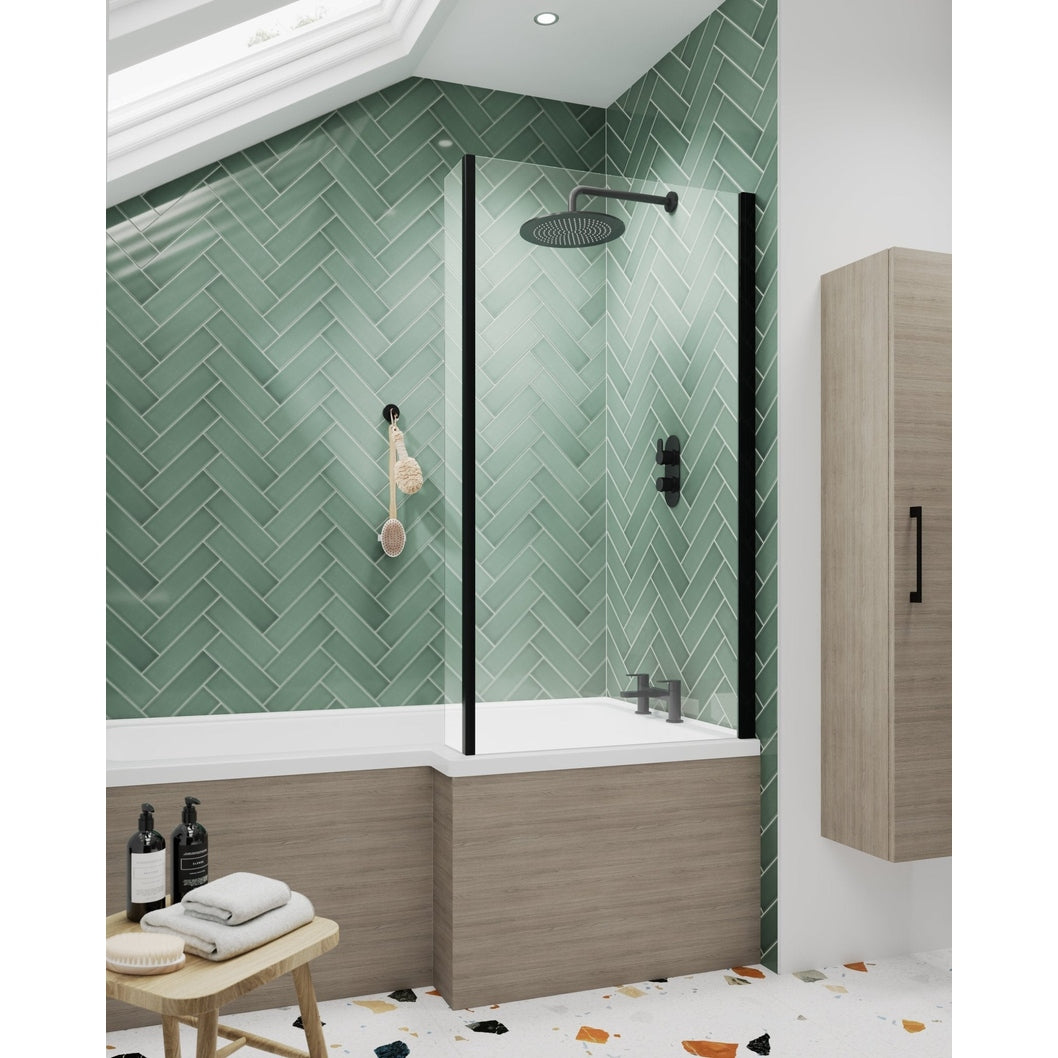 Nuie Square Bath Screen With Fixed Return Contemporary Matt Black Aluminium 1400x815x38mm - JJ Building Materials