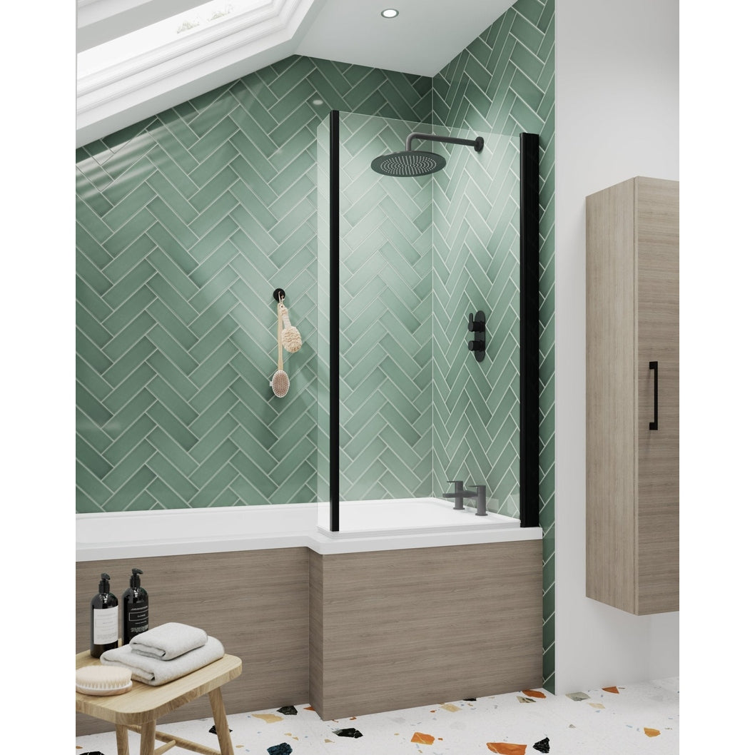 Nuie Square Bath Screen With Fixed Return Contemporary Matt Black Aluminium 1430x795x150mm - JJ Building Materials