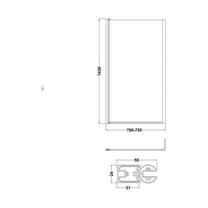 Nuie Square Bath Screen With Fixed Return Contemporary Matt Black Aluminium 1430x795x150mm - JJ Building Materials