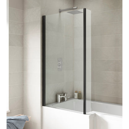 Nuie Square Bath Screen With Fixed Return Contemporary Matt Black Aluminium 1430x795x150mm - JJ Building Materials