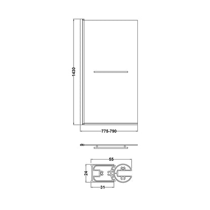 Nuie Square Bath Screen With Rail Contemporary Chrome Aluminium 1430x790x24mm - JJ Building Materials