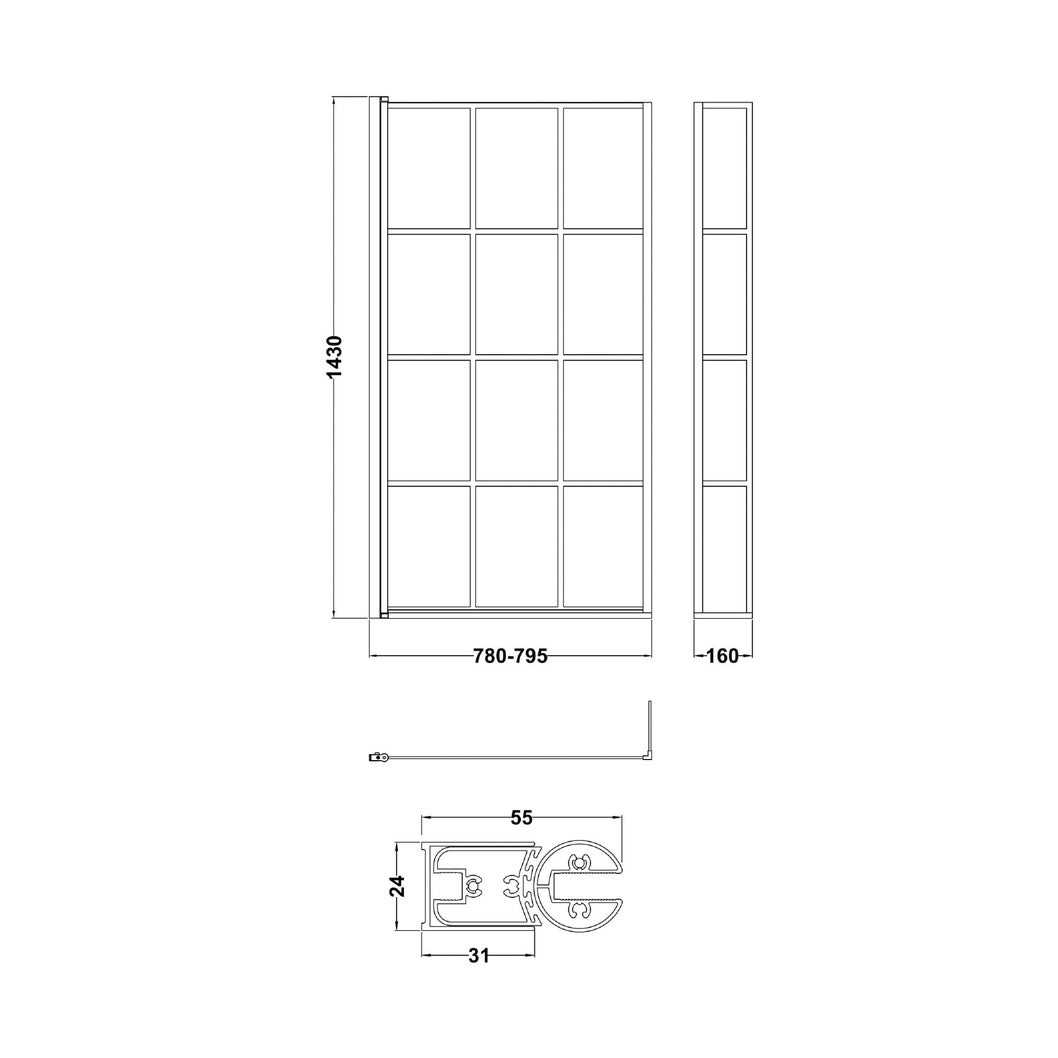 Nuie Square Black Framed Bath Screen With Fixed Return Contemporary Matt Black Aluminium 1430x795x150mm - JJ Building Materials