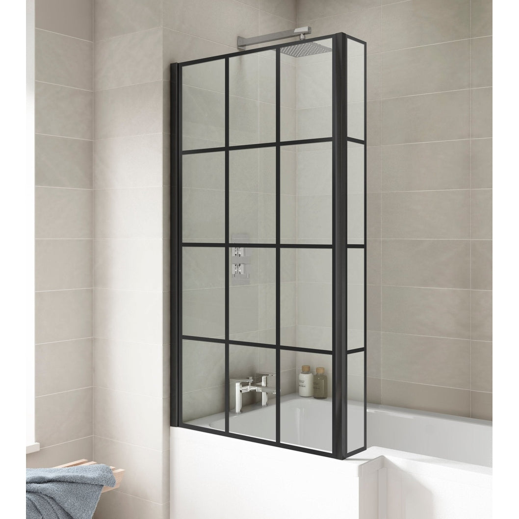 Nuie Square Black Framed Bath Screen With Fixed Return Contemporary Matt Black Aluminium 1430x795x150mm - JJ Building Materials