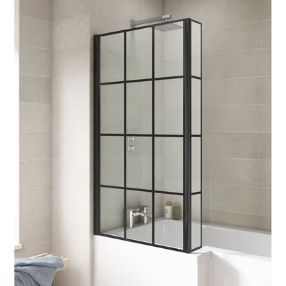 Nuie Square Black Framed Bath Screen With Fixed Return Contemporary Matt Black Aluminium 1430x795x150mm - JJ Building Materials