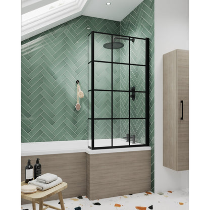 Nuie Square Black Framed Bath Screen With Fixed Return Contemporary Matt Black Aluminium 1430x795x150mm - JJ Building Materials