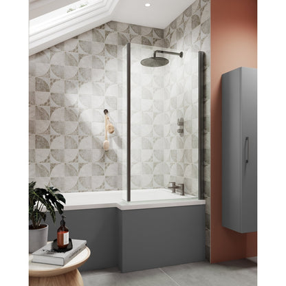 Nuie Square Fixed Bath Screen With Fixed Return - 6mm Contemporary Brushed Pewter Aluminium 1400x815x38mm - JJ Building Materials