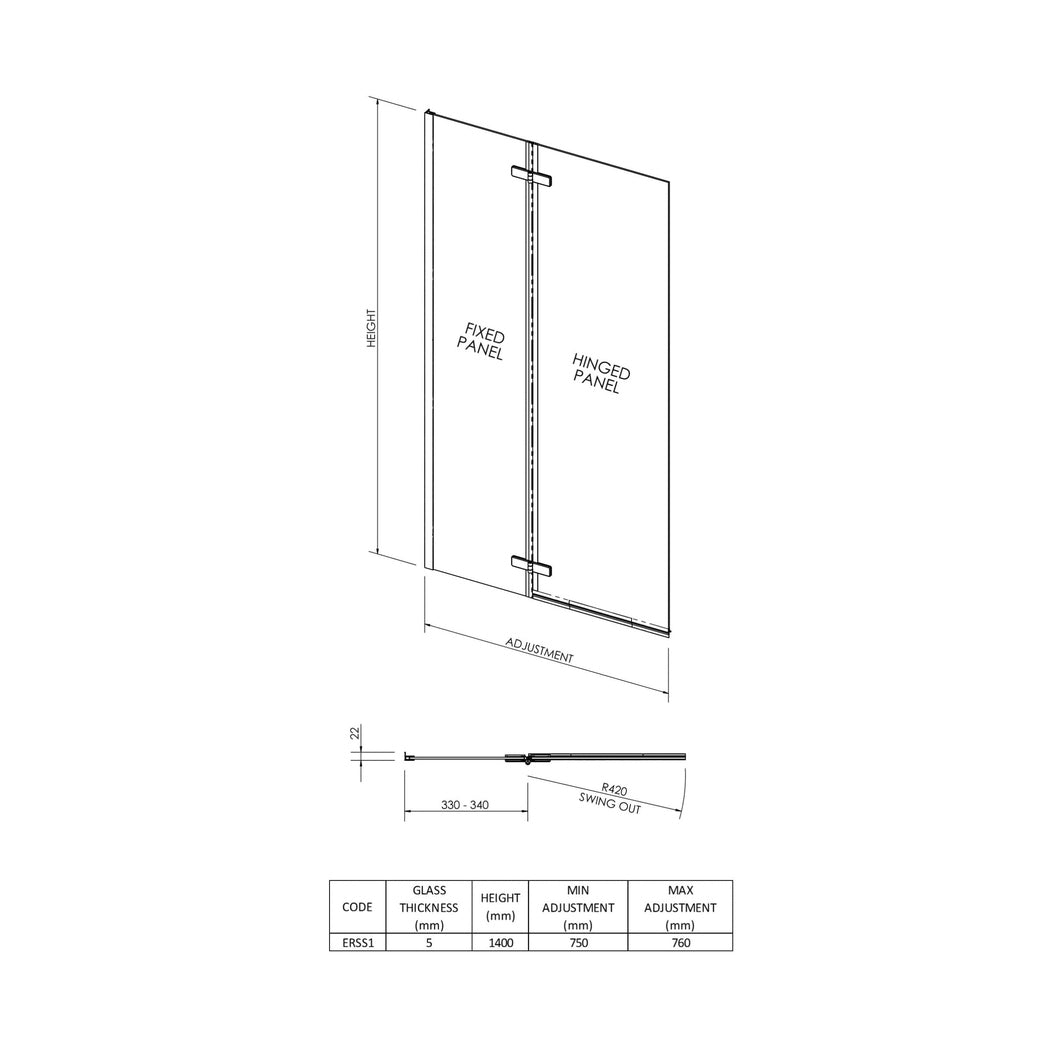 Nuie Square Hinged Bath Screen Contemporary Chrome Aluminium 1400x750x38mm - JJ Building Materials