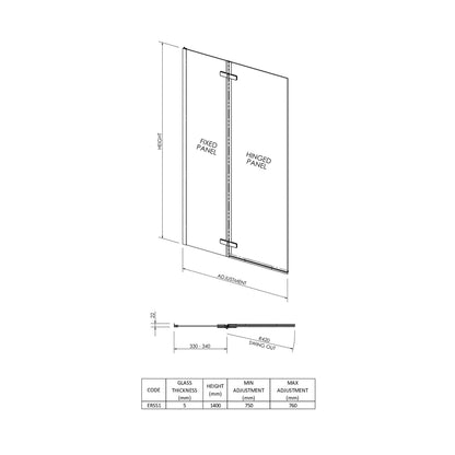 Nuie Square Hinged Bath Screen Contemporary Chrome Aluminium 1400x750x38mm - JJ Building Materials