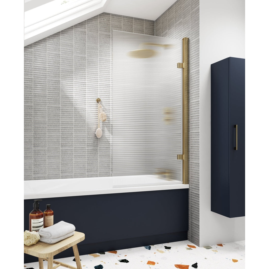Nuie Square Hinged Fluted Bath Screen - 8mm Contemporary Brushed Brass Aluminium 1520x830x24mm - JJ Building Materials