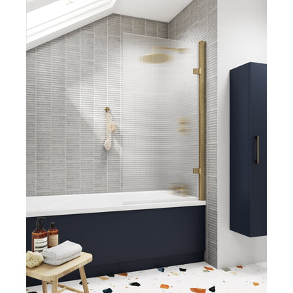 Nuie Square Hinged Fluted Bath Screen - 8mm Contemporary Brushed Brass Aluminium 1520x830x24mm - JJ Building Materials