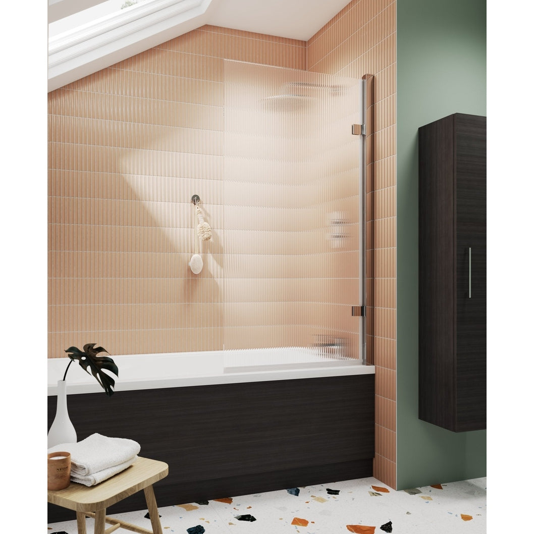 Nuie Square Hinged Fluted Bath Screen - 8mm Contemporary Chrome Aluminium 1520x830x24mm - JJ Building Materials