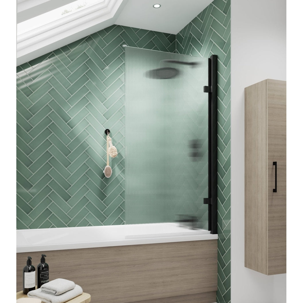 Nuie Square Hinged Fluted Bath Screen - 8mm Contemporary Matt Black Aluminium 1520x830x24mm - JJ Building Materials