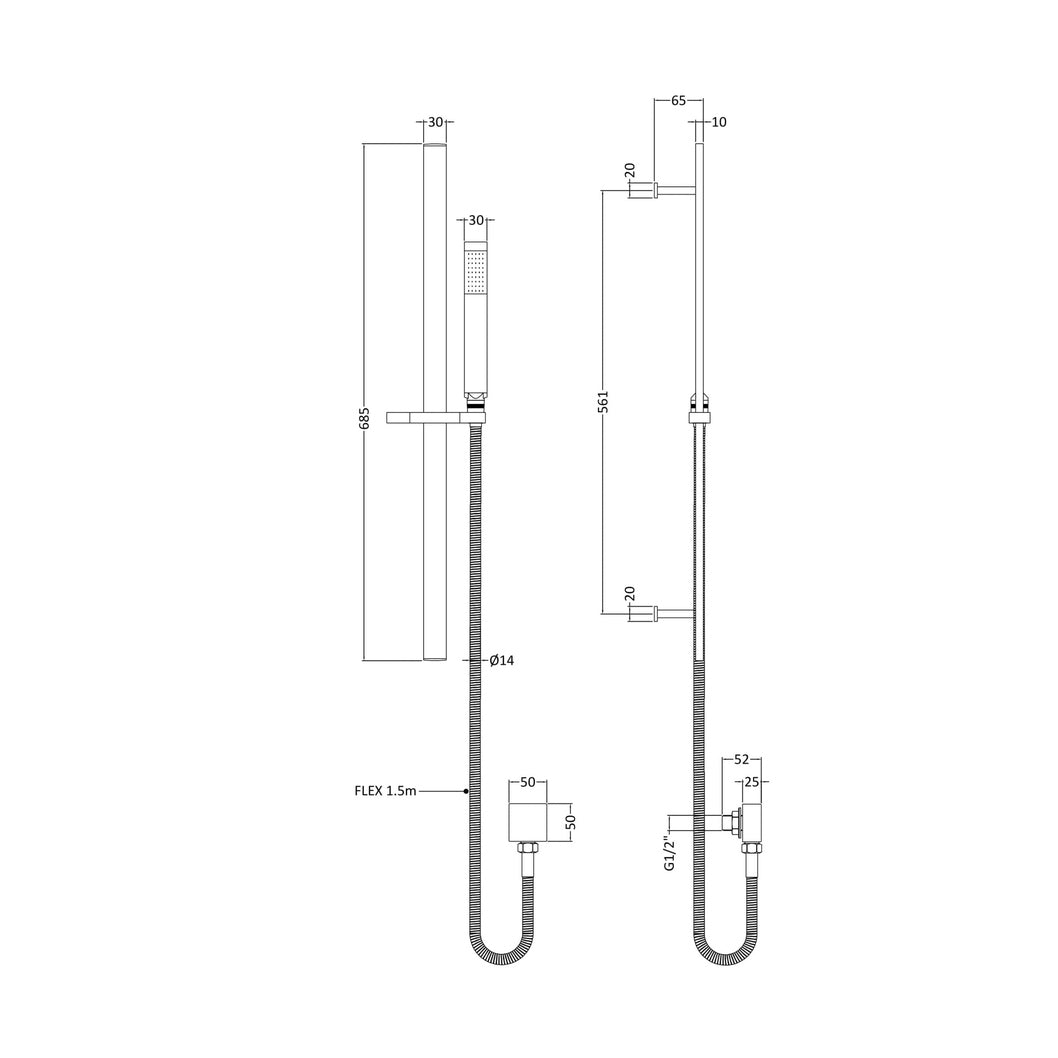 Nuie Square Slider Rail Kit With Ebow Contemporary Brushed Pewter Brass 685x129x65mm - JJ Building Materials