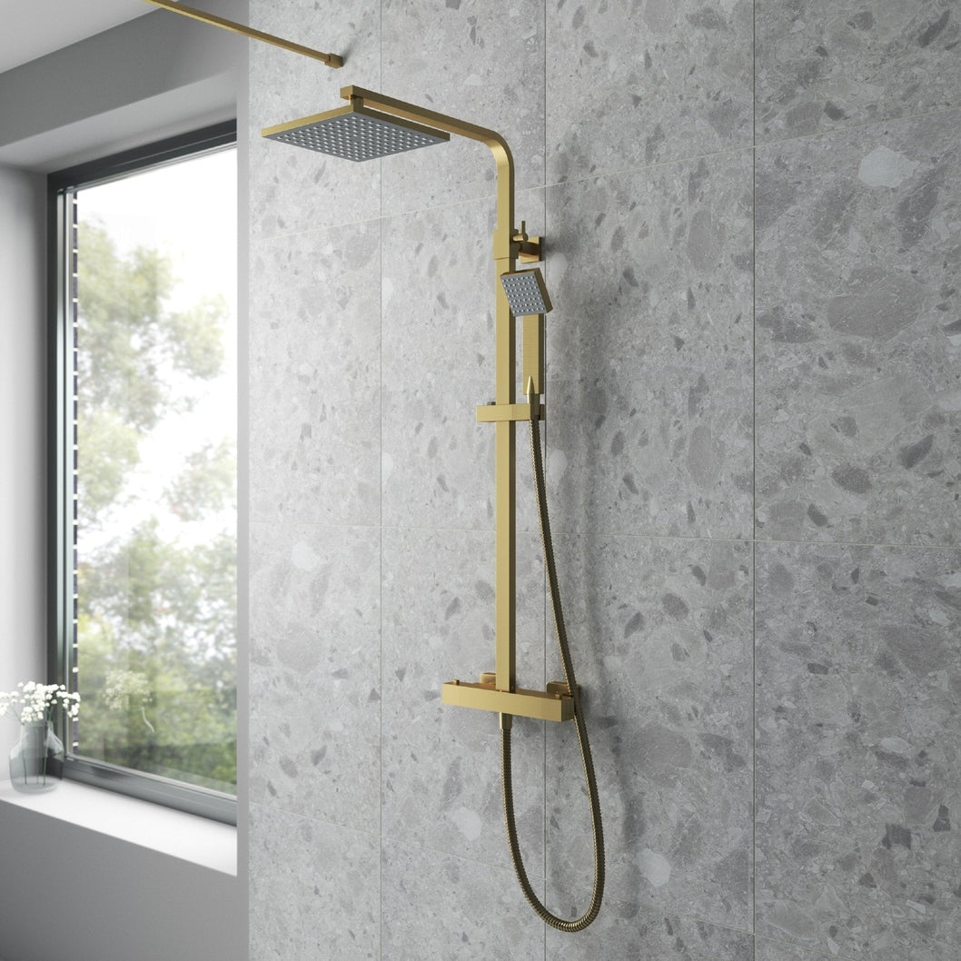 Nuie Square Thermostatic Bar Valve & Shower Kit Contemporary Brushed Brass Brass ABS 1200x200x465mm - JJ Building Materials
