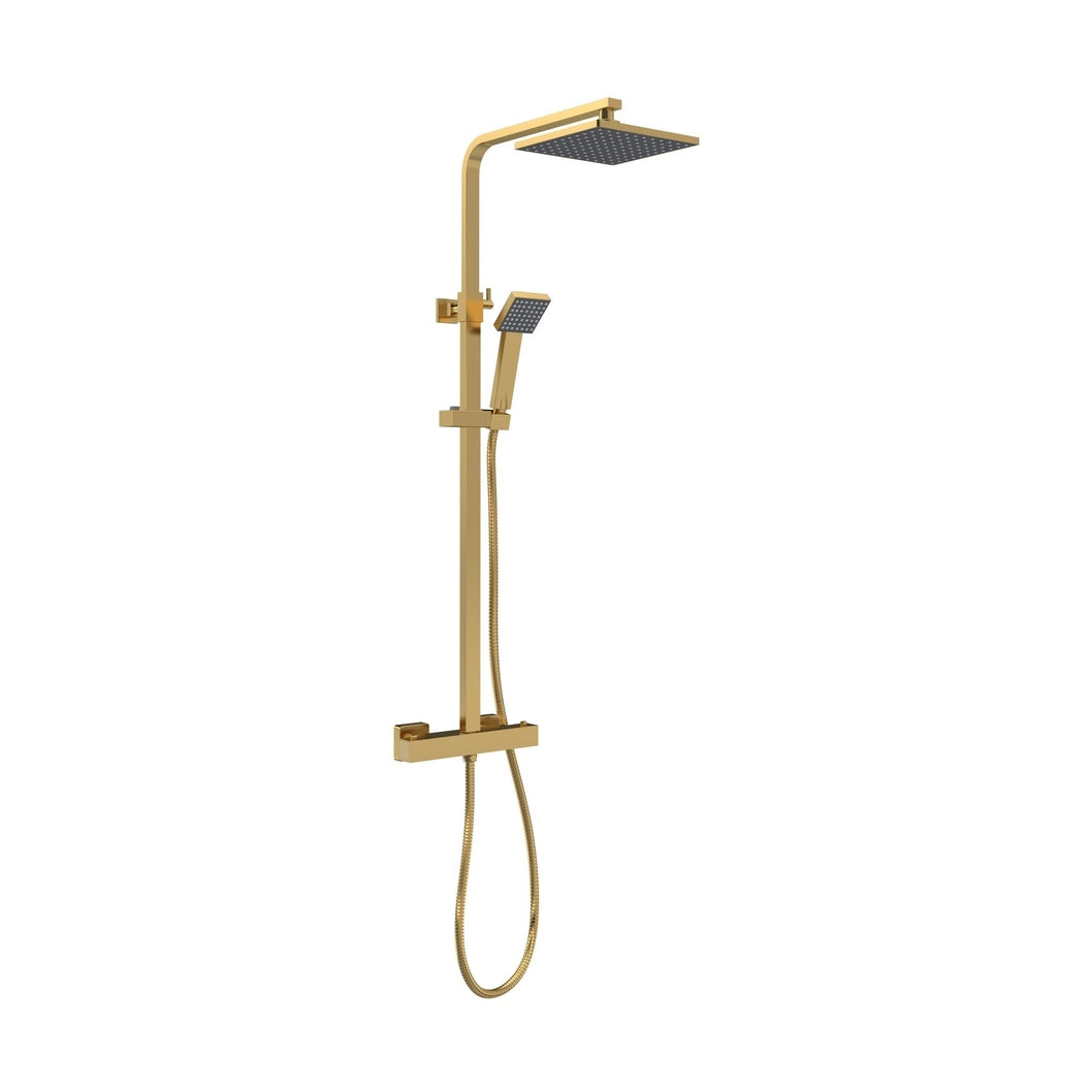 Nuie Square Thermostatic Bar Valve & Shower Kit Contemporary Brushed Brass Brass ABS 1200x200x465mm - JJ Building Materials