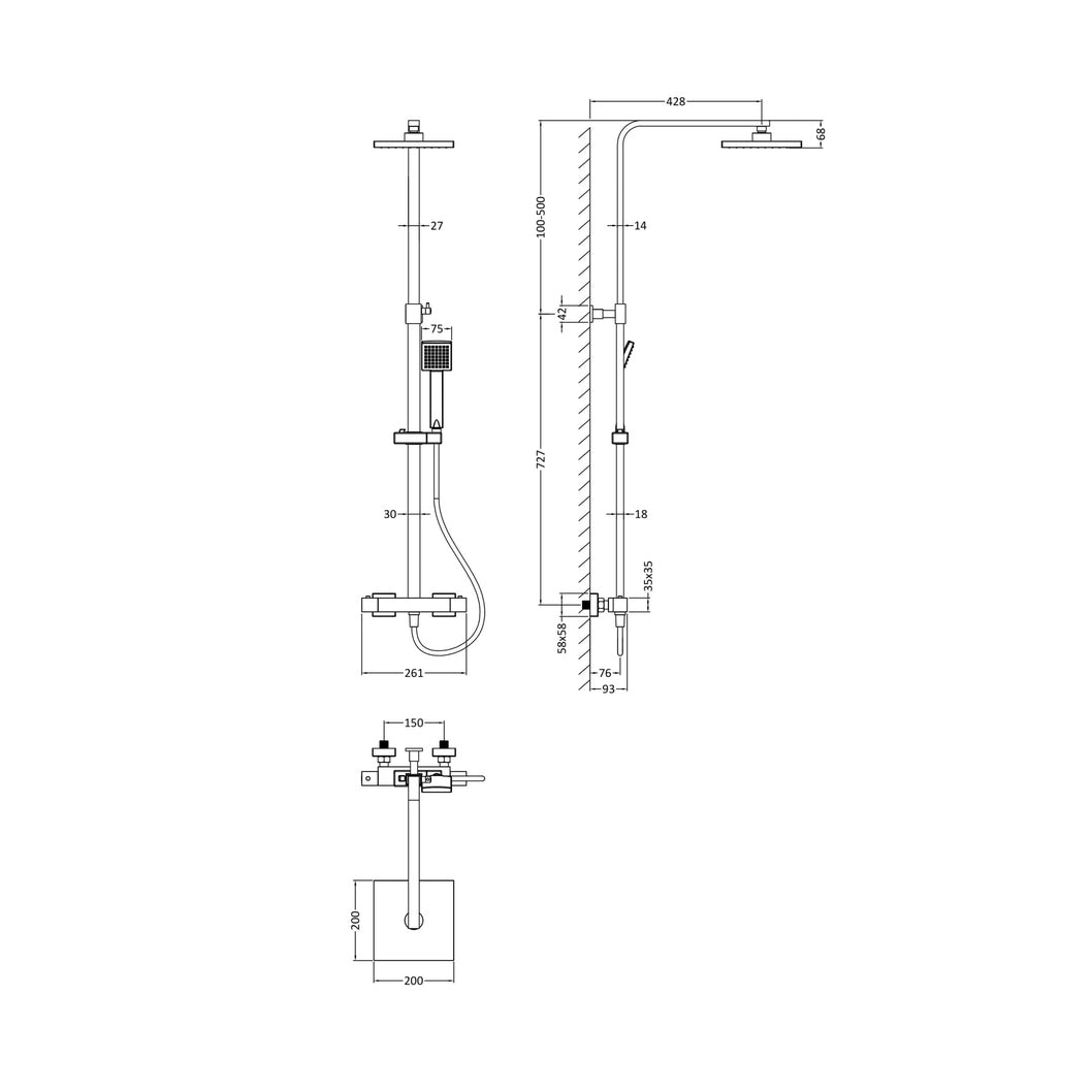 Nuie Square Thermostatic Bar Valve & Shower Kit Contemporary Brushed Pewter Brass ABS 1200x261x465mm - JJ Building Materials