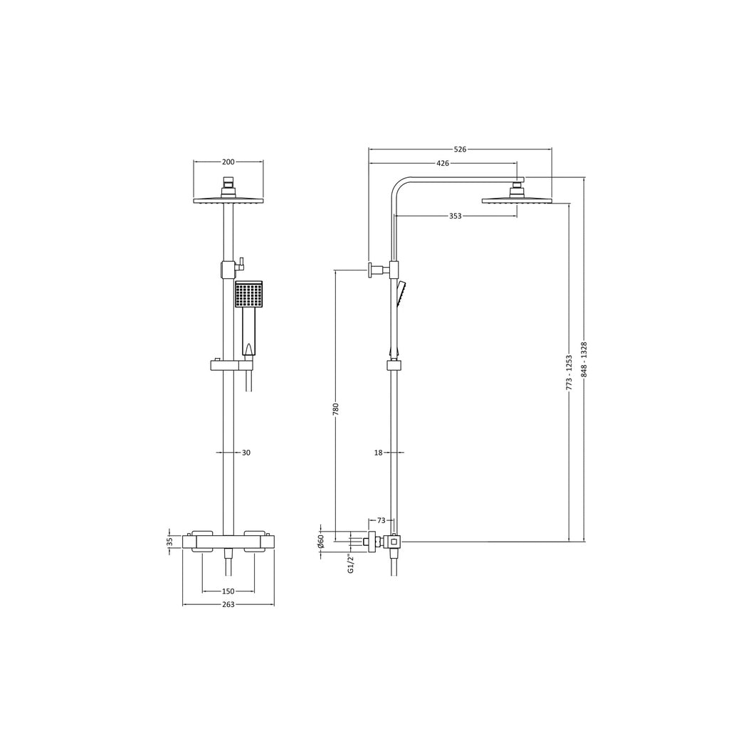 Nuie Square Thermostatic Bar Valve & Shower Kit Contemporary Matt Black Brass ABS 1200x200x465mm - JJ Building Materials