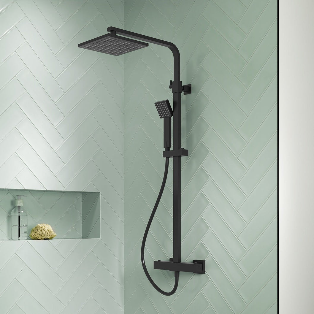 Nuie Square Thermostatic Bar Valve & Shower Kit Contemporary Matt Black Brass ABS 1200x200x465mm - JJ Building Materials