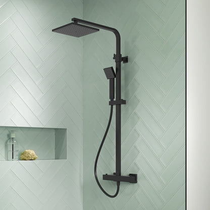 Nuie Square Thermostatic Bar Valve & Shower Kit Contemporary Matt Black Brass ABS 1200x200x465mm - JJ Building Materials