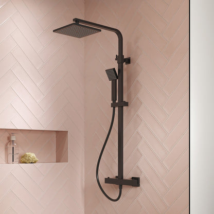 Nuie Square Thermostatic Bar Valve & Shower Kit Contemporary Matt Black Brass ABS 1200x200x465mm - JJ Building Materials