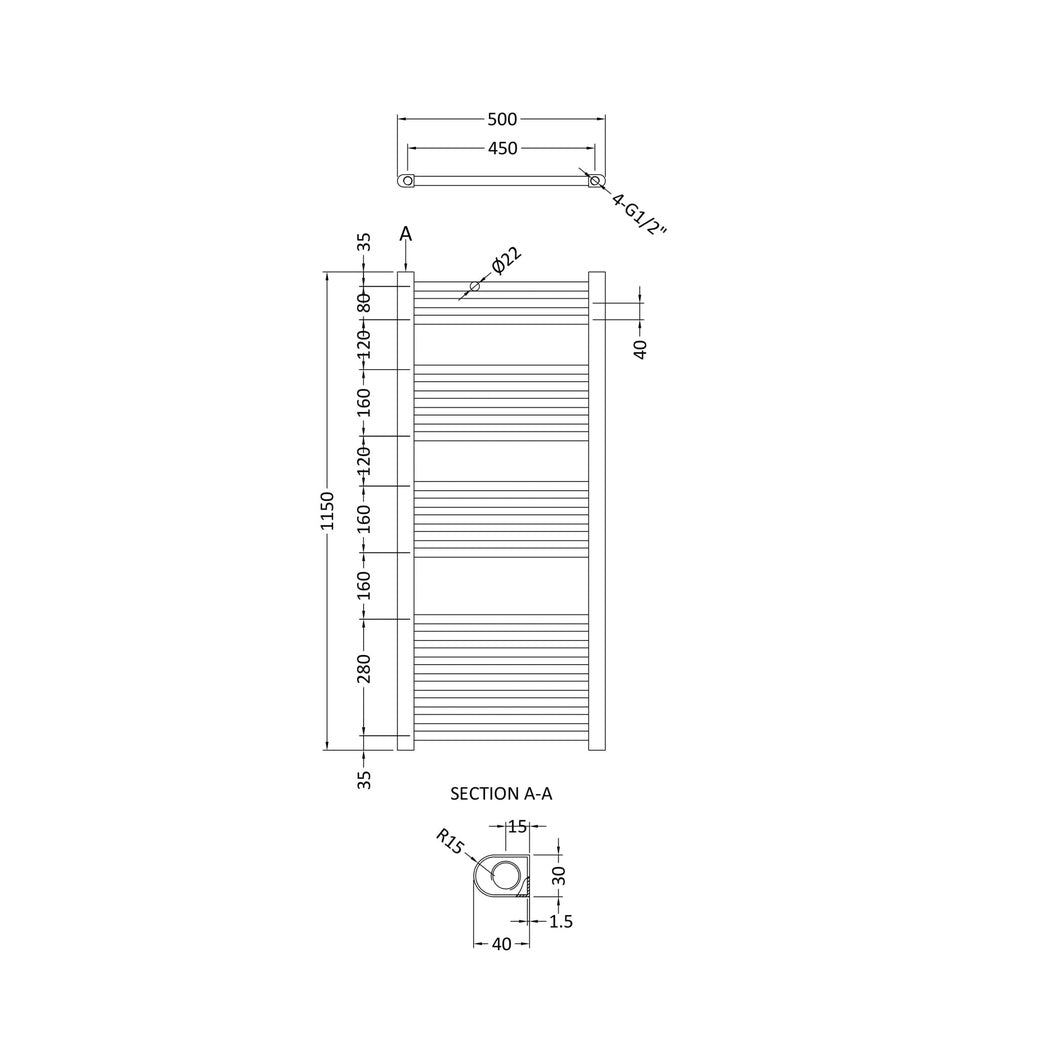 Nuie Straight Ladder Rail Contemporary Anthracite Steel 1150x500x30mm - JJ Building Materials