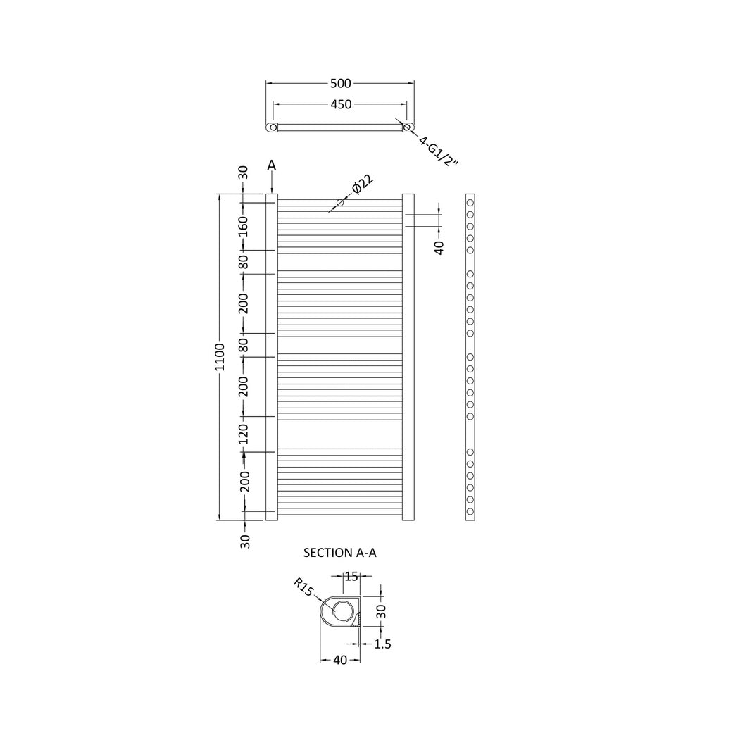 Nuie Straight Ladder Rail Contemporary Chrome Steel 1150x500x30mm - JJ Building Materials