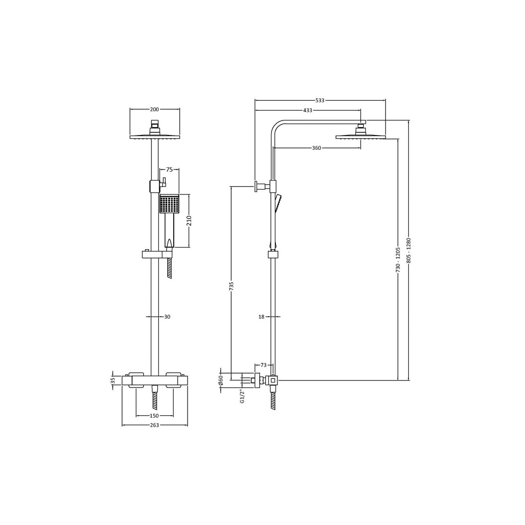 Nuie Thermostatic Bar Shower With Kit Contemporary Chrome Brass ABS 1200x261x465mm - JJ Building Materials