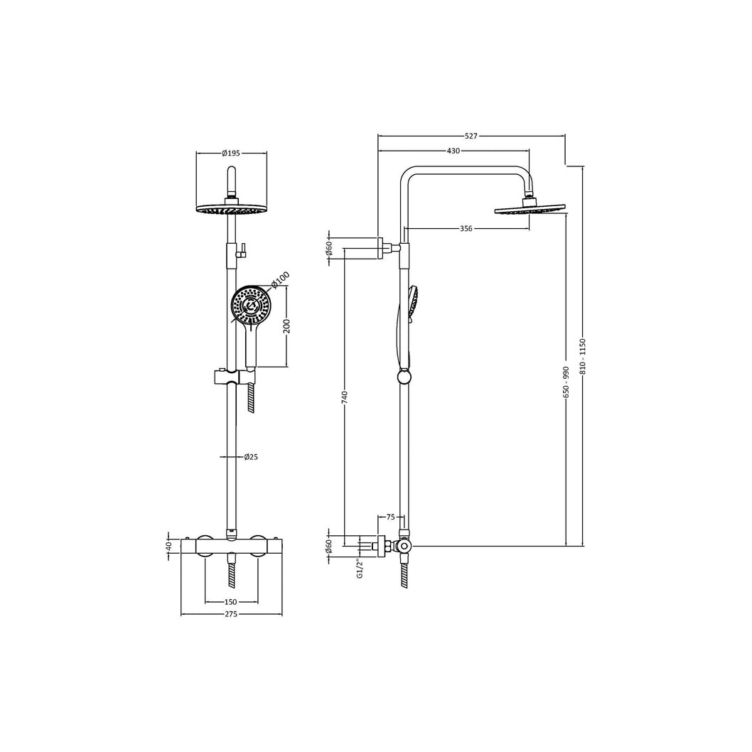 Nuie Thermostatic Bar Shower With Kit Contemporary Chrome Brass ABS 1245x267x429mm - JJ Building Materials