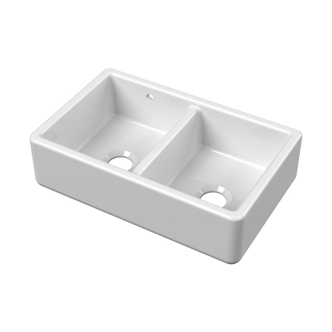 Nuie Traditional Double Bowl Butler Sink 795 X 500 X 220mm White Fireclay 220x795x500mm - JJ Building Materials