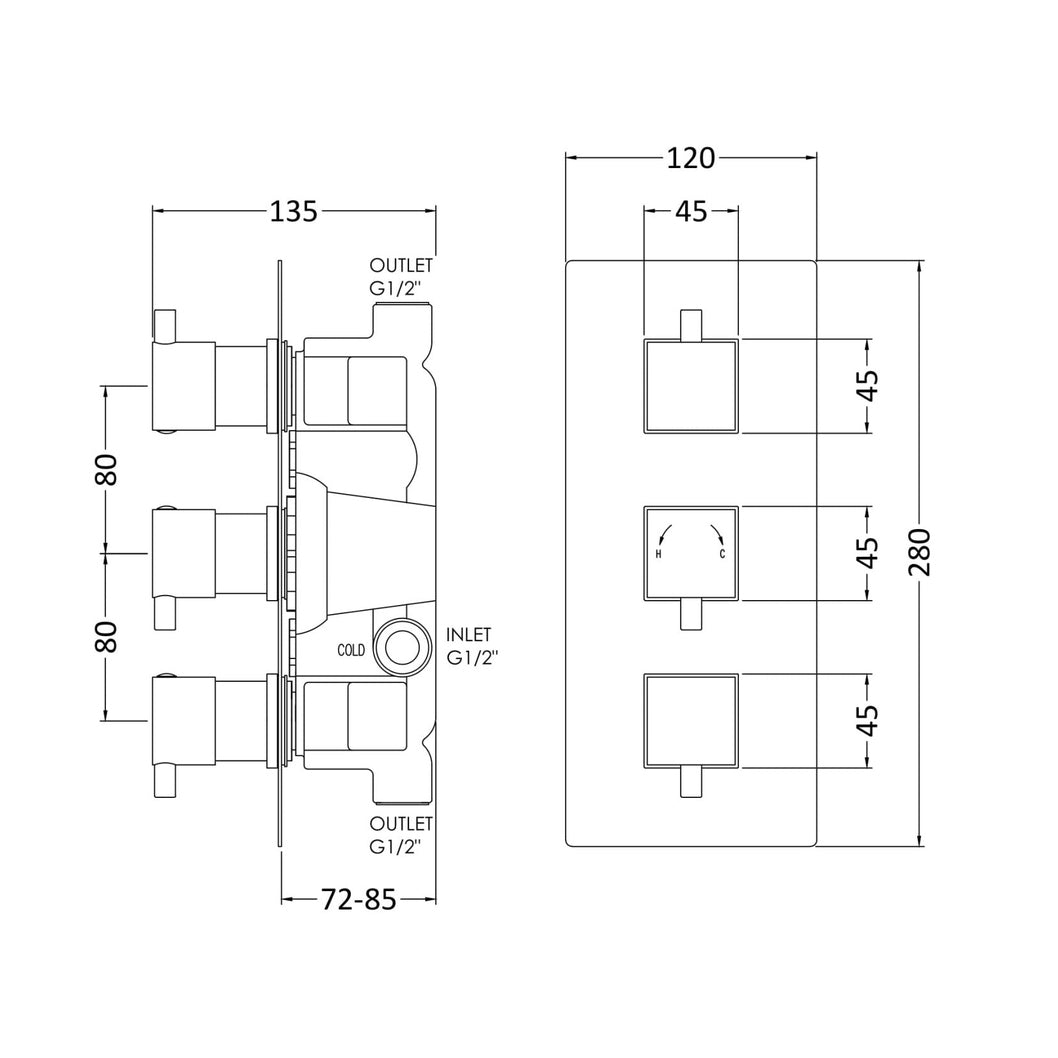 Nuie Triple Thermostatic Shower Valve Contemporary Chrome Brass ABS 280x120x136mm - JJ Building Materials