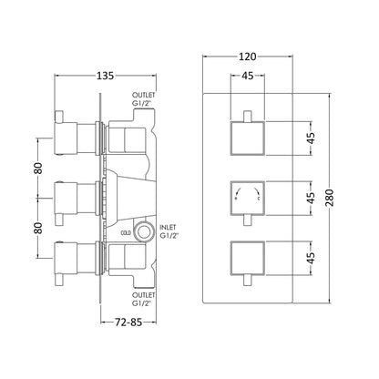 Nuie Triple Thermostatic Shower Valve Contemporary Chrome Brass ABS 280x120x136mm - JJ Building Materials