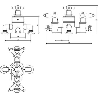 Nuie Triple Thermostatic Shower Valve Traditional Chrome Brass 263x150x162mm - JJ Building Materials