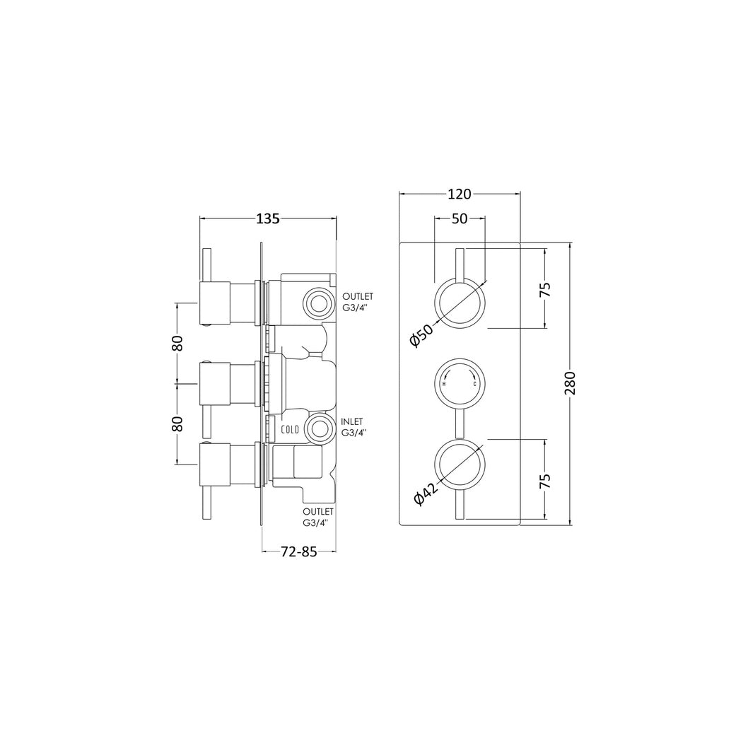 Nuie Triple Thermostatic Shower Valve With Diverter Contemporary Chrome Brass 280x120x130mm - JJ Building Materials