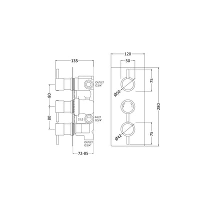 Nuie Triple Thermostatic Shower Valve With Diverter Contemporary Chrome Brass 280x120x130mm - JJ Building Materials